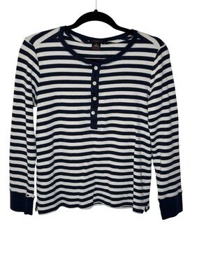 J. Crew Navy White Striped Long Sleeve Thermal Henley Women’s Top Size L